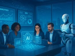 Futuristisches Büro mit Team, holographischen KI-Daten, digitaler Analyse und humanoidem Roboter, das die Integration von KI in Geschäftsprozesse darstellt.