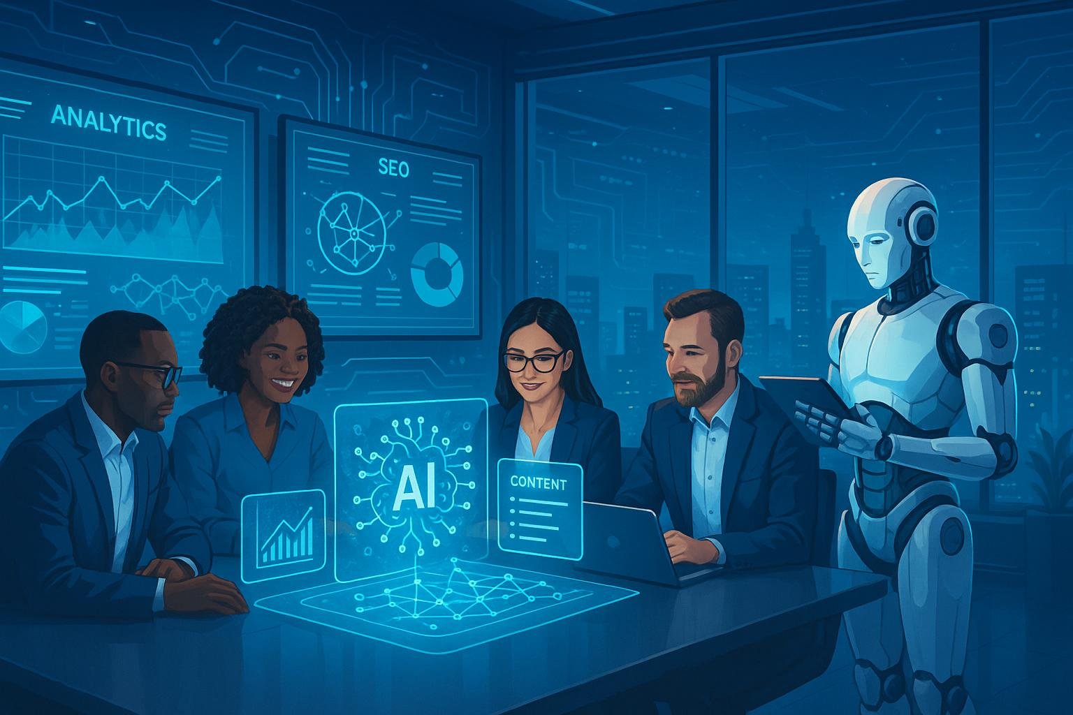 Futuristisches Büro mit Team, holographischen KI-Daten, digitaler Analyse und humanoidem Roboter, das die Integration von KI in Geschäftsprozesse darstellt.