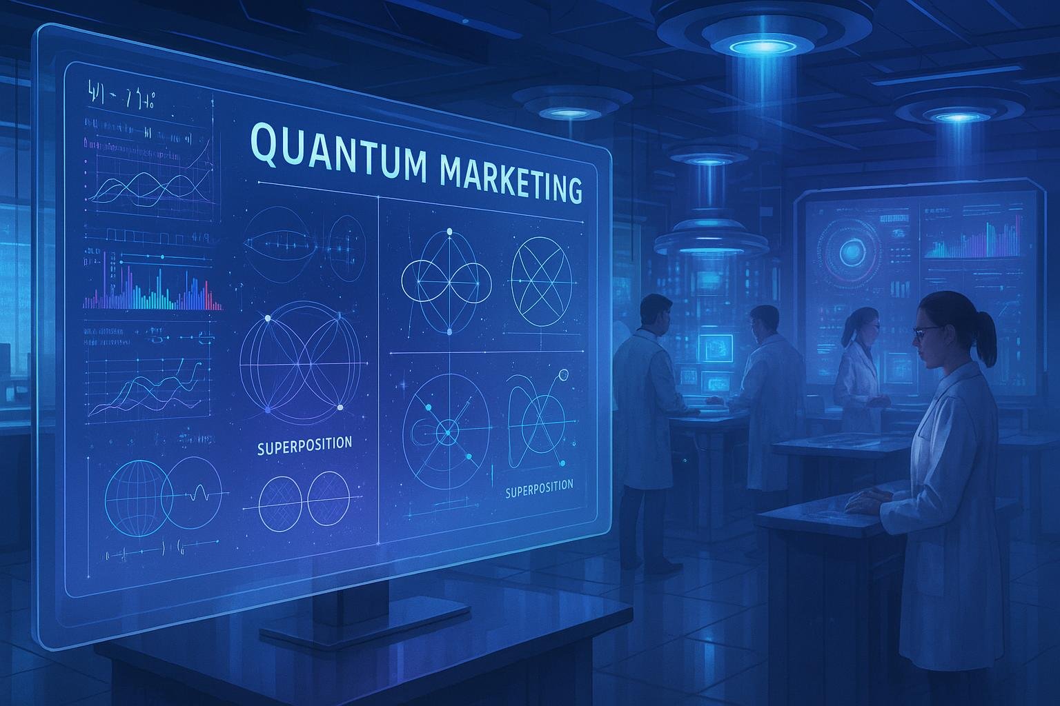 Futuristisches Büro mit Wissenschaftlern, die an Quantencomputern arbeiten, großen Bildschirmen und holographischen Interfaces in einer kühlen Farbpalette.