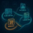 Digitales Netzwerk mit verbundenen Content-Elementen, leuchtenden Verbindungslinien und abstrahierter Technik, symbolisiert strategische Content-Vernetzung im Marketing.