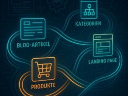 Digitales Netzwerk mit verbundenen Content-Elementen, leuchtenden Verbindungslinien und abstrahierter Technik, symbolisiert strategische Content-Vernetzung im Marketing.