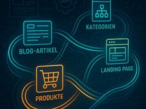 Digitales Netzwerk mit verbundenen Content-Elementen, leuchtenden Verbindungslinien und abstrahierter Technik, symbolisiert strategische Content-Vernetzung im Marketing.