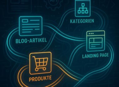 Digitales Netzwerk mit verbundenen Content-Elementen, leuchtenden Verbindungslinien und abstrahierter Technik, symbolisiert strategische Content-Vernetzung im Marketing.