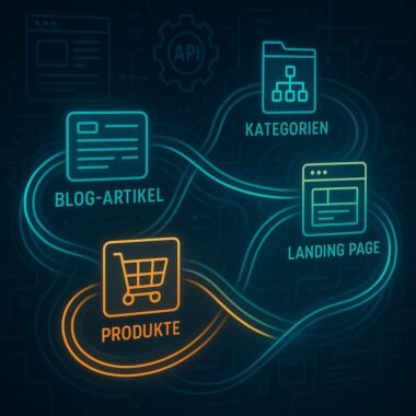Digitales Netzwerk mit verbundenen Content-Elementen, leuchtenden Verbindungslinien und abstrahierter Technik, symbolisiert strategische Content-Vernetzung im Marketing.