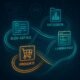 Digitales Netzwerk mit verbundenen Content-Elementen, leuchtenden Verbindungslinien und abstrahierter Technik, symbolisiert strategische Content-Vernetzung im Marketing.