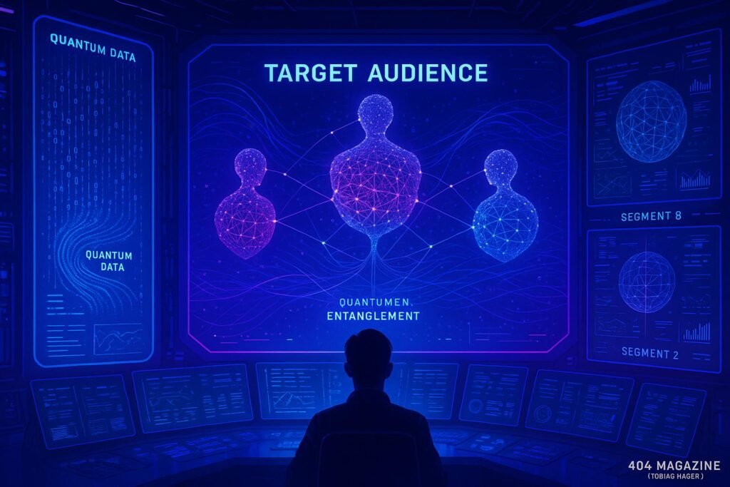 Futuristischer Marketing-Kontrollraum mit holografischen Daten, 3D-Modelle und lebendiger Farbbeleuchtung in Blau und Lila