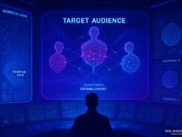 Futuristischer Marketing-Kontrollraum mit holografischen Daten, 3D-Modelle und lebendiger Farbbeleuchtung in Blau und Lila