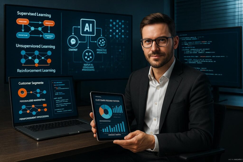 Marketingexperte an einem modernen Schreibtisch mit mehreren Monitoren, die Datenvisualisierungen, neuronale Netzwerke und KI-Modelldiagramme anzeigen, im Hintergrund eine digitale Tafel mit KI-Anwendungen.