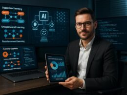 Marketingexperte an einem modernen Schreibtisch mit mehreren Monitoren, die Datenvisualisierungen, neuronale Netzwerke und KI-Modelldiagramme anzeigen, im Hintergrund eine digitale Tafel mit KI-Anwendungen.