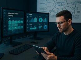 Moderner Arbeitsbereich mit mehreren Monitoren, Content-Marketing-Tools, Diagrammen und Whiteboard mit Strategien, im Fokus ein arbeitender Content-Marketer mit Tablet. Credit: 404 Magazine (Tobias Hager)