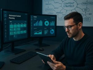 Moderner Arbeitsbereich mit mehreren Monitoren, Content-Marketing-Tools, Diagrammen und Whiteboard mit Strategien, im Fokus ein arbeitender Content-Marketer mit Tablet. Credit: 404 Magazine (Tobias Hager)