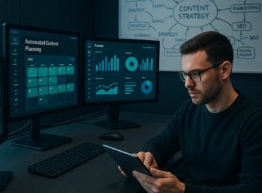 Moderner Arbeitsbereich mit mehreren Monitoren, Content-Marketing-Tools, Diagrammen und Whiteboard mit Strategien, im Fokus ein arbeitender Content-Marketer mit Tablet. Credit: 404 Magazine (Tobias Hager)