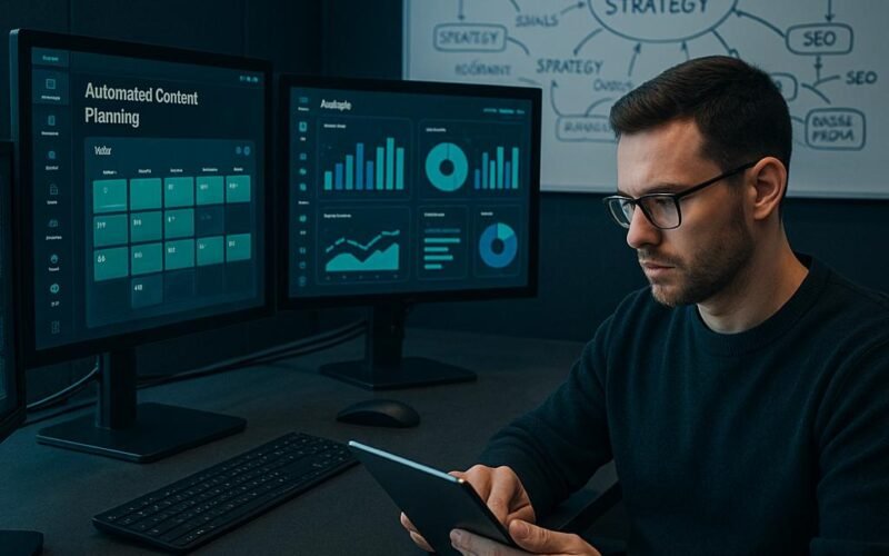 Moderner Arbeitsbereich mit mehreren Monitoren, Content-Marketing-Tools, Diagrammen und Whiteboard mit Strategien, im Fokus ein arbeitender Content-Marketer mit Tablet. Credit: 404 Magazine (Tobias Hager)