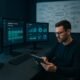 Moderner Arbeitsbereich mit mehreren Monitoren, Content-Marketing-Tools, Diagrammen und Whiteboard mit Strategien, im Fokus ein arbeitender Content-Marketer mit Tablet. Credit: 404 Magazine (Tobias Hager)