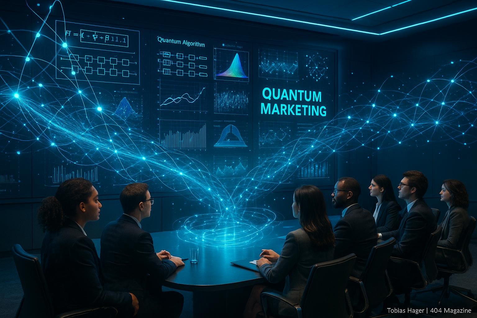 Futuristischer Konferenzraum mit digitaler Tafel, holographischen Datenströmen und Marketing-Experten in smarten Outfits, die die High-Tech Revolution im Quantum Marketing zeigen.