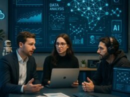 Diverse Fachleute bei einer Besprechung in einem modernen, technologisch fortschrittlichen Arbeitsplatz mit KI-Visualisierungen und digitalem Code.