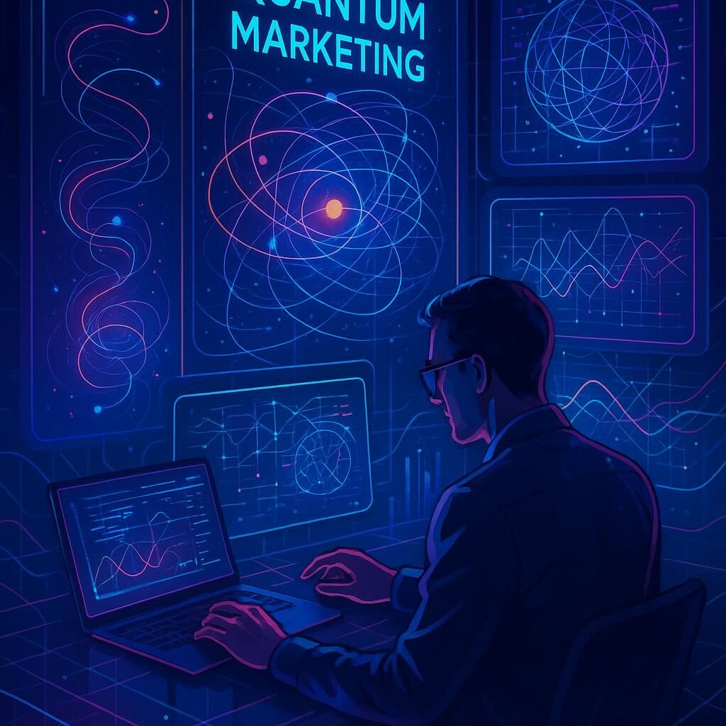 Futuristischer digitaler Marketing-Arbeitsplatz mit holographischen Quanteninterfaces, Neonlichtern und dynamischen Datenvisualisierungen, geschaffen von Tobias Hager für 404 Magazine