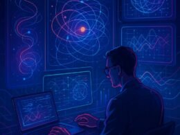 Futuristischer digitaler Marketing-Arbeitsplatz mit holographischen Quanteninterfaces, Neonlichtern und dynamischen Datenvisualisierungen, geschaffen von Tobias Hager für 404 Magazine