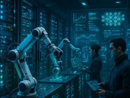 Futuristisches Data Center mit Servern, robotischen Armen, holografischen Anzeigen und Technikern, die die Fortschritte in KI und Automatisierung präsentieren