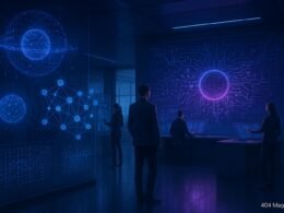 Futuristisches Büro mit holografischen Quantenvisualisierungen und Mitarbeitern an interaktiven Displays, im Hintergrund große Wandprojektion, die traditionelle Technik mit Quantenalgorithmen verbindet.