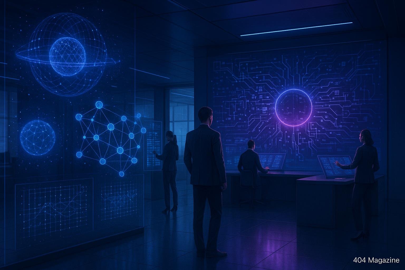 Futuristisches Büro mit holografischen Quantenvisualisierungen und Mitarbeitern an interaktiven Displays, im Hintergrund große Wandprojektion, die traditionelle Technik mit Quantenalgorithmen verbindet.