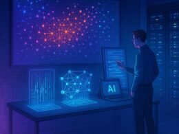 Futuristischer Arbeitsplatz mit holografischen Datenprojektionen, einem Forscher, der Parameter anpasst, und einem Datenzentrum im Hintergrund, das die fortschrittliche KI-Technologie repräsentiert.