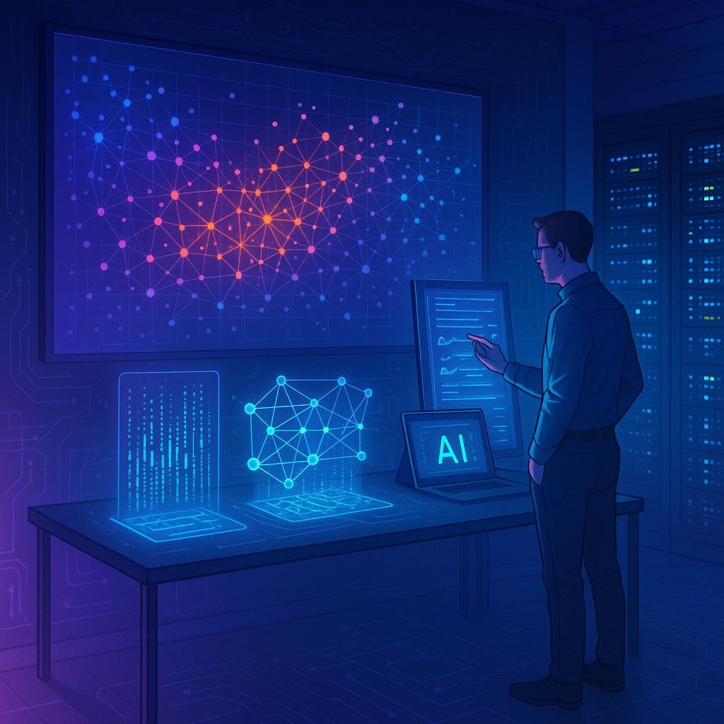 Futuristischer Arbeitsplatz mit holografischen Datenprojektionen, einem Forscher, der Parameter anpasst, und einem Datenzentrum im Hintergrund, das die fortschrittliche KI-Technologie repräsentiert.