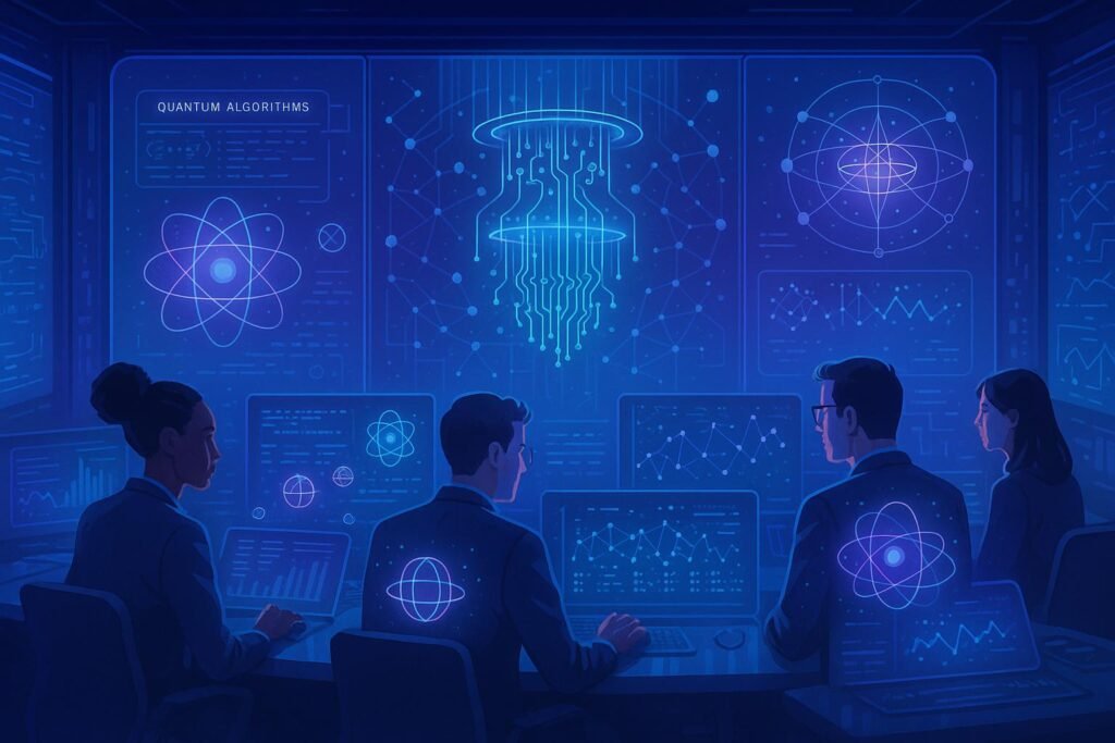 Futuristischer Kontrollraum für digitales Marketing mit holographischen Quanteninterfaces, Quantenbits und einem transparenten Quantencomputer im Hintergrund