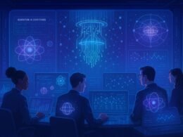 Futuristischer Kontrollraum für digitales Marketing mit holographischen Quanteninterfaces, Quantenbits und einem transparenten Quantencomputer im Hintergrund