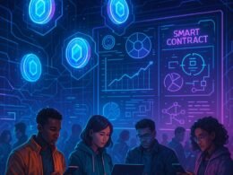 Futuristischer digitaler Marktplatz mit schwebenden holographischen Token, blockchainähnlichen Linien, einer vielfältigen Gruppe von Menschen und einem großen Display mit Token-Ökonomie-Grafiken, Credit: 404 Magazine (Tobias Hager)