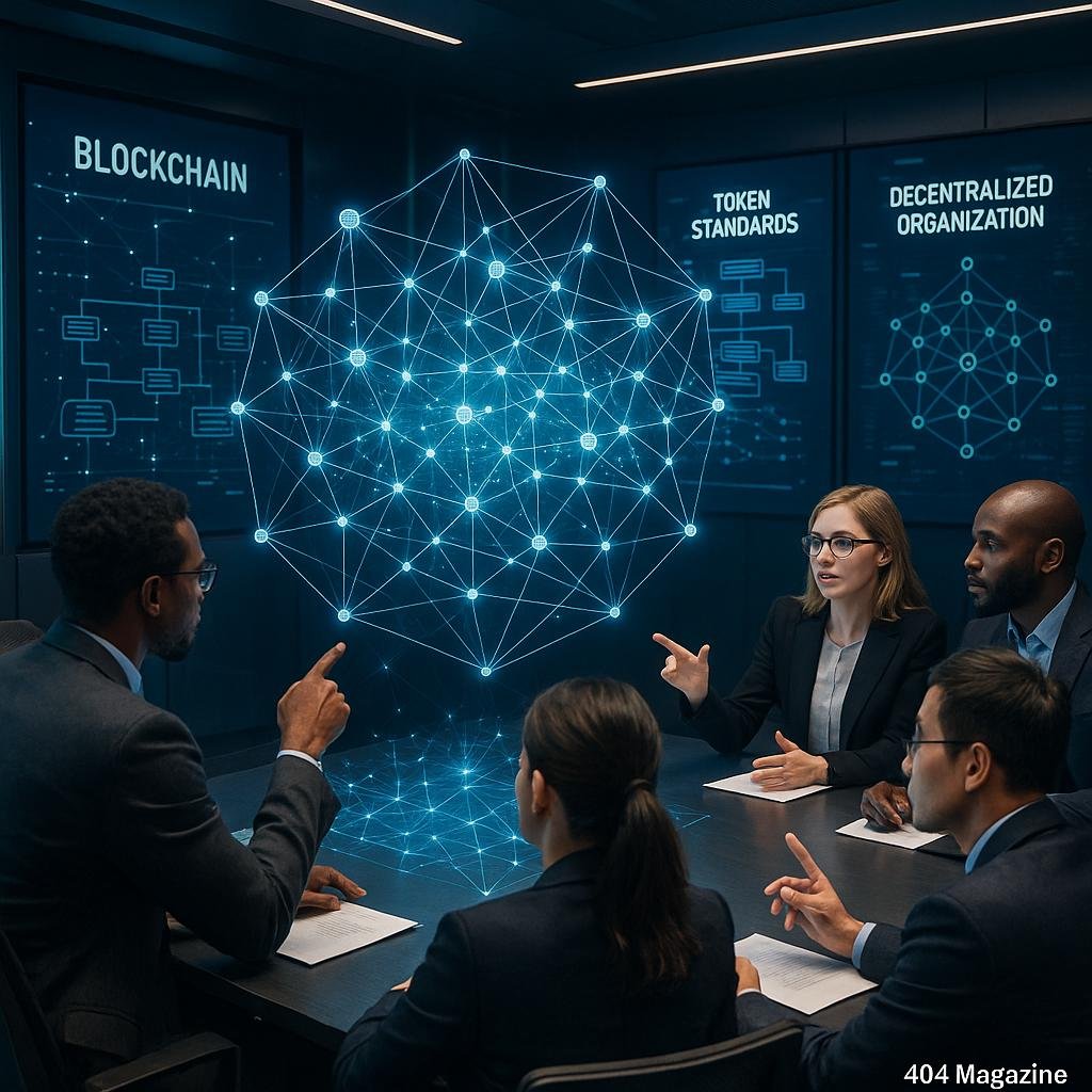 Futuristischer Konferenzraum mit holographischer Blockchain-Netzwerkvisualisierung, Fachleute in Business-Kleidung diskutieren, große digitale Screens im Hintergrund zeigen Diagramme zu Smart Contracts und Token-Standards.