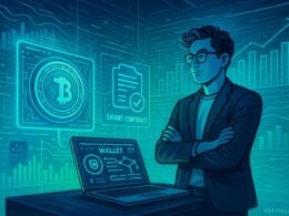 Kreative Unternehmer vor holographischen Displays, die Blockchain-Token und Smart Contracts visualisieren, mit digitalen Diagrammen im Hintergrund und neonblauen und grünen Lichtern.