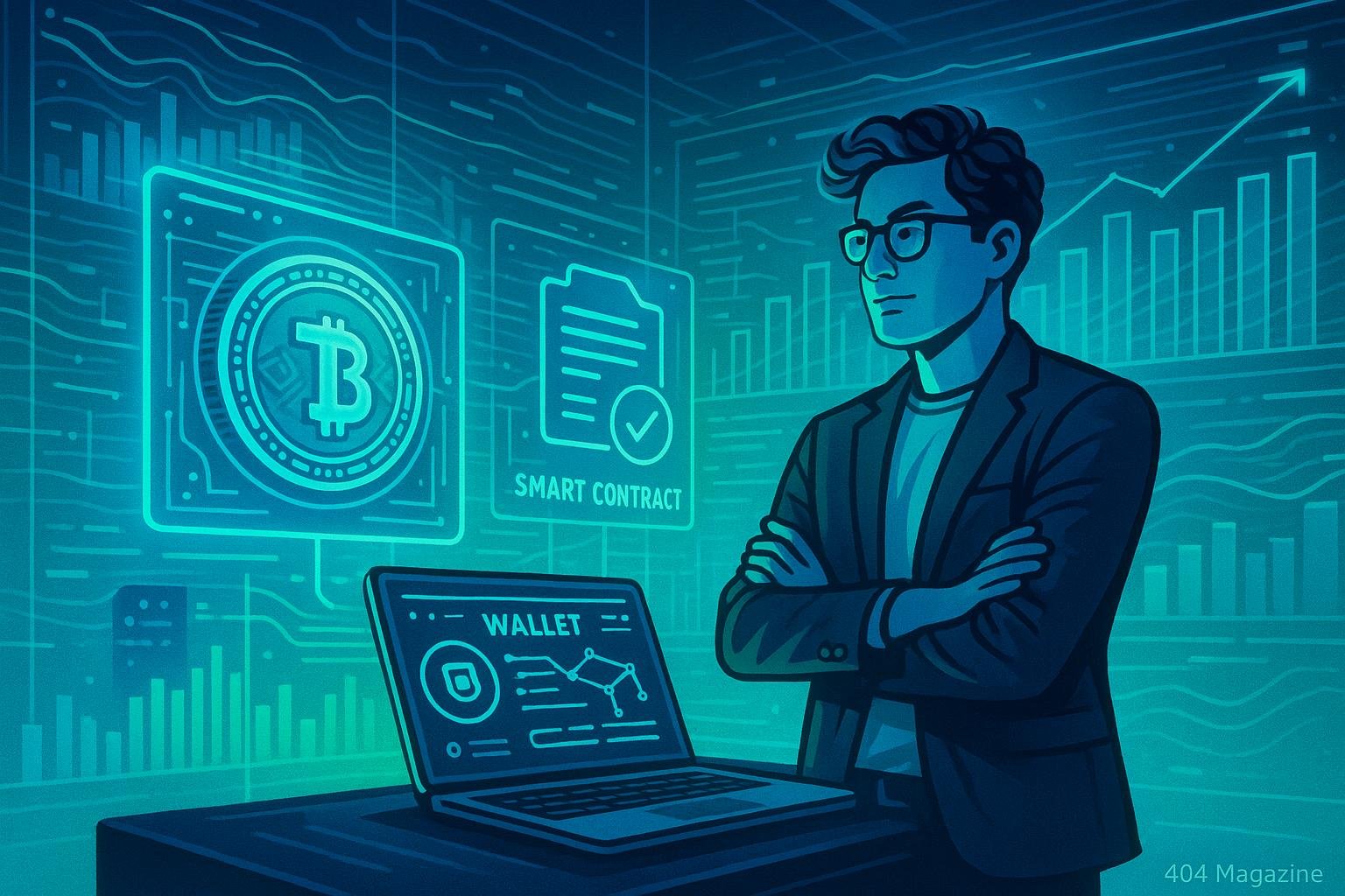 Kreative Unternehmer vor holographischen Displays, die Blockchain-Token und Smart Contracts visualisieren, mit digitalen Diagrammen im Hintergrund und neonblauen und grünen Lichtern.