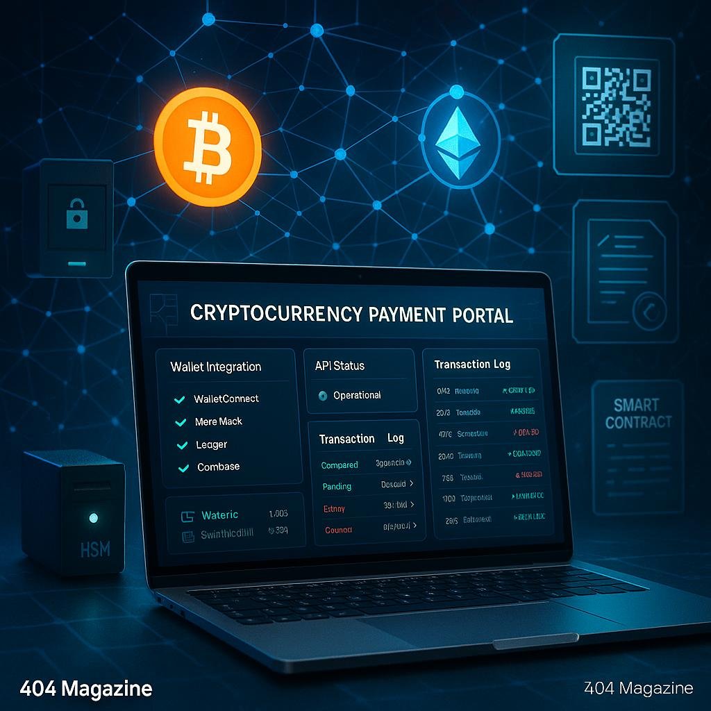 Modernes Kryptogeld-Zahlungsportal mit Laptop, Blockchain-Darstellungen und technischer Ausstattung, visualisiert Secure Wallets, Smart Contracts und Netzwerkgraphen.