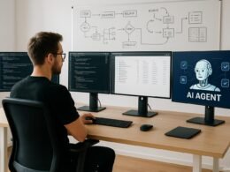 Modernes Arbeitszimmer mit mehreren Monitoren, einem digitalen AI-Agenten auf einem Bildschirm, Whiteboard mit Workflow-Skizzen und einer konzentrierten Person, die inspiriert arbeitet.