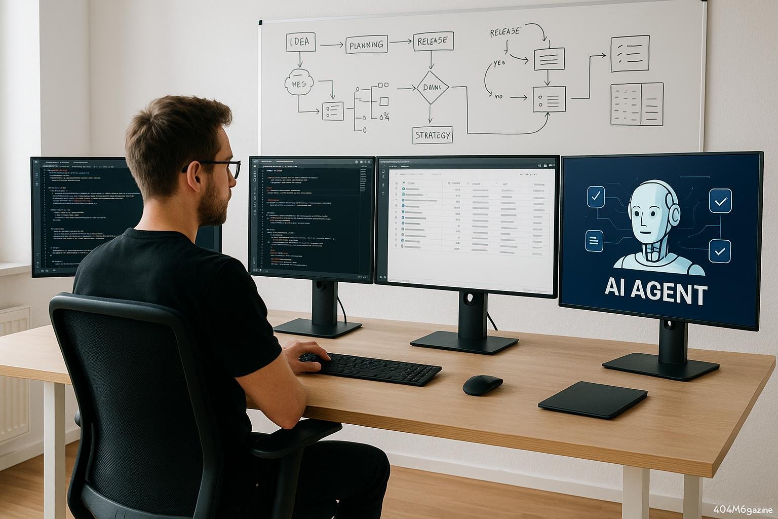 Modernes Arbeitszimmer mit mehreren Monitoren, einem digitalen AI-Agenten auf einem Bildschirm, Whiteboard mit Workflow-Skizzen und einer konzentrierten Person, die inspiriert arbeitet.
