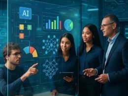 Diverse Teammitglieder arbeiten in einem hochmodernen Büro an einem transparenten Touchscreen mit bunten KI-Datenvisualisierungen, um Innovation und digitale Transformation zu fördern.