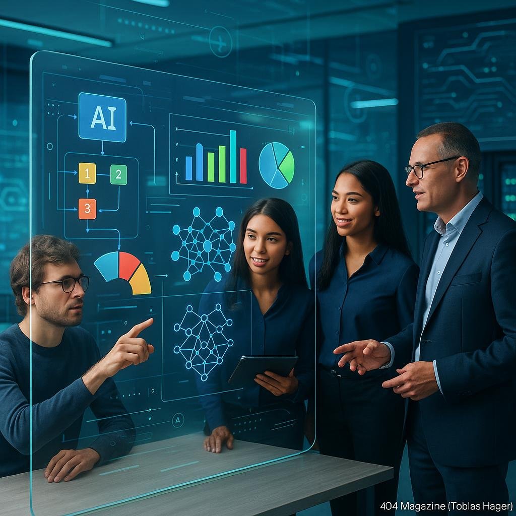 Diverse Teammitglieder arbeiten in einem hochmodernen Büro an einem transparenten Touchscreen mit bunten KI-Datenvisualisierungen, um Innovation und digitale Transformation zu fördern.