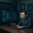 Moderner Arbeitsbereich mit großem Bildschirm, Automatisierungsdiagrammen, Server-Racks, Whiteboard-Skizzen und einem Entwickler bei der Arbeit.