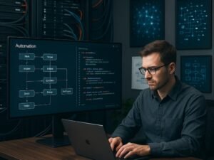 Moderner Arbeitsbereich mit großem Bildschirm, Automatisierungsdiagrammen, Server-Racks, Whiteboard-Skizzen und einem Entwickler bei der Arbeit.