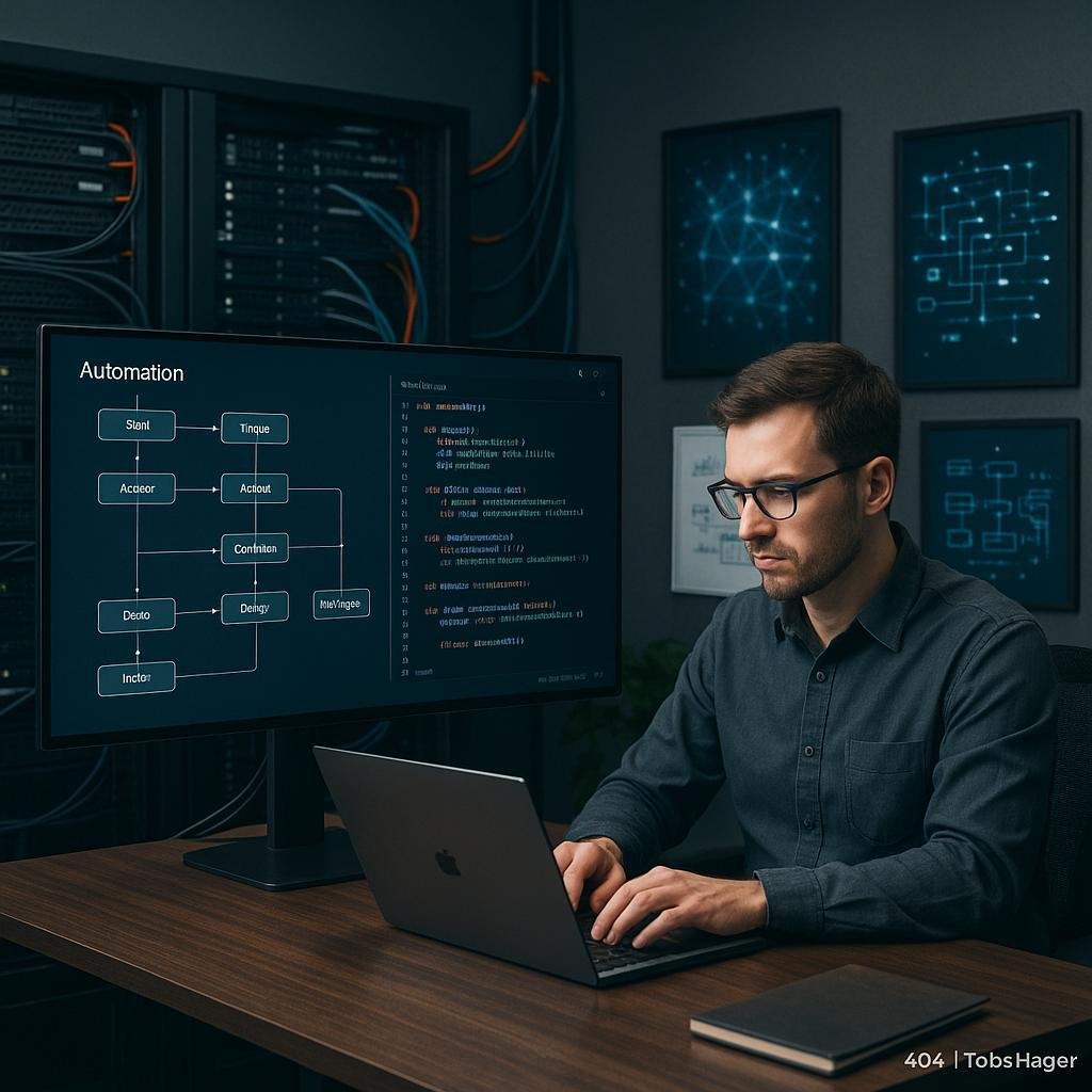 Moderner Arbeitsbereich mit großem Bildschirm, Automatisierungsdiagrammen, Server-Racks, Whiteboard-Skizzen und einem Entwickler bei der Arbeit.