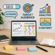 Ein moderner Arbeitsplatz mit Laptop, Notizbüchern, Sticky Notes und Stift mit Visualisierungen von Grafiken, Keywords und Content-Icons im Hintergrund, ideal für Marketingstrategien