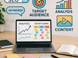 Ein moderner Arbeitsplatz mit Laptop, Notizbüchern, Sticky Notes und Stift mit Visualisierungen von Grafiken, Keywords und Content-Icons im Hintergrund, ideal für Marketingstrategien