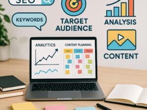 Ein moderner Arbeitsplatz mit Laptop, Notizbüchern, Sticky Notes und Stift mit Visualisierungen von Grafiken, Keywords und Content-Icons im Hintergrund, ideal für Marketingstrategien
