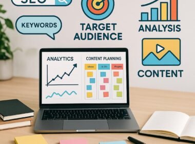 Ein moderner Arbeitsplatz mit Laptop, Notizbüchern, Sticky Notes und Stift mit Visualisierungen von Grafiken, Keywords und Content-Icons im Hintergrund, ideal für Marketingstrategien
