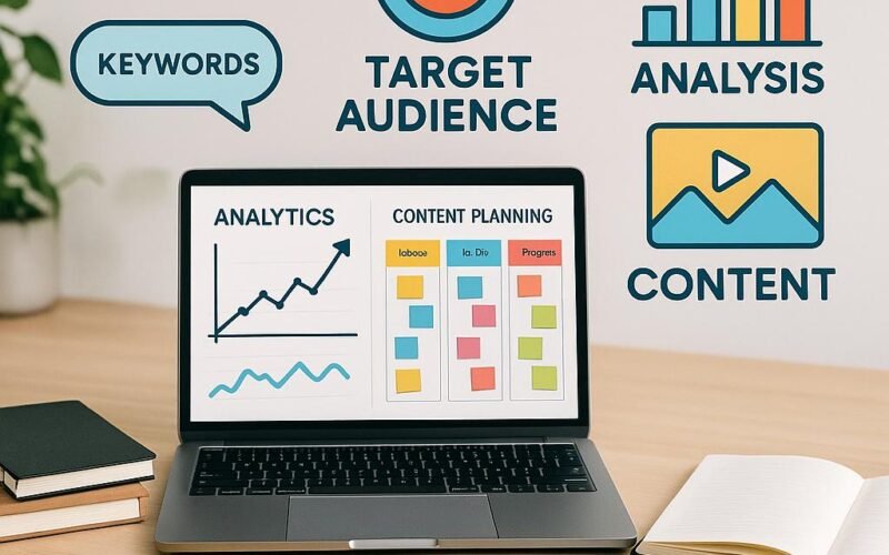 Ein moderner Arbeitsplatz mit Laptop, Notizbüchern, Sticky Notes und Stift mit Visualisierungen von Grafiken, Keywords und Content-Icons im Hintergrund, ideal für Marketingstrategien