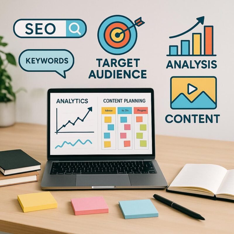 Ein moderner Arbeitsplatz mit Laptop, Notizbüchern, Sticky Notes und Stift mit Visualisierungen von Grafiken, Keywords und Content-Icons im Hintergrund, ideal für Marketingstrategien