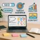 Ein moderner Arbeitsplatz mit Laptop, Notizbüchern, Sticky Notes und Stift mit Visualisierungen von Grafiken, Keywords und Content-Icons im Hintergrund, ideal für Marketingstrategien