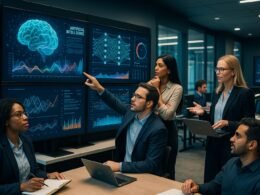 Team in einem modernen, High-Tech-Büro arbeitet mit digitalen Bildschirmen, die KI-Visualisierungen, Datenvisualisierungen und neuronale Netzwerkskizzen zeigen