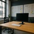 Helles, modernes Büro mit leerem Schreibtisch, Tastatur, Bildschirm und Whiteboards im Hintergrund, die Skizzen und Notizen zeigen.